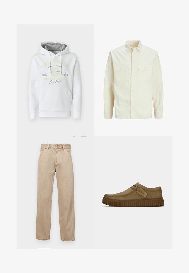 Camicia beige chiaro a maniche lunghe con colletto, due tasche frontali, chiusura a bottoni e un tessuto texturizzato.; Felpa bianca realizzata in tessuto morbido con una tasca anteriore, dotata di cappuccio foderato grigio e logo del marchio stampato in verde e nero.; Jeans in denim beige con un design a gamba dritta, dotati di tasche frontali, chiusura con bottone metallico e una texture delicata.; Scarpe in suede marrone chiaro con punta arrotondata, dettagli cuciti e suola in gomma marrone a righe. Presentano un'etichetta laterale con il logo "Clarks".