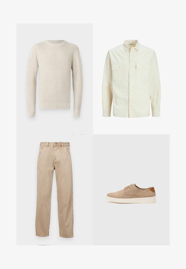 Chemise longue à manches longues beige clair avec un col, deux poches frontales, fermeture à boutons et un tissu texturé.; Pull en tricot de couleur crème avec une texture côtelée, col rond et manches longues. Présente une coupe ample et des poignets et un ourlet élastiques.; Jeans en denim beige avec une coupe droite, dotés de poches avant, d'une fermeture à bouton en métal et d'une texture subtile.; Baskets en daim beige avec un embout arrondi, un laçage sur le devant et un accent texturé à l'arrière. La semelle en caoutchouc blanche offre un contraste. Design simple et moderne.