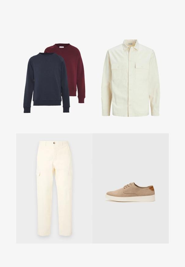 Kergedbež pika-särk pikkade varrukatega, krae ja kahe eespool asuva taskuga, nööpidega kinnitamine ja reljeefne materjal.; Kaks ümarapoolset kraed sweatshirt'i, üks tumesinine ja üks burgundia punane, ribitud mansettide ja hemiga, ühtse värvuse ja pehme tekstuuriga.; Heledad kollane cargo püksid, mis on valmistatud puuvillast, küljetaskutega ja sirge lõikega, nupu kinnitusega vööl.; Beežid nahast tossud ümarate varvastega, paeltega esiosa ja tekstuuriga tagakontuuriga. Valge kummist tallapakkumine loob kontrasti. Lihtne ja kaasaegne disain.