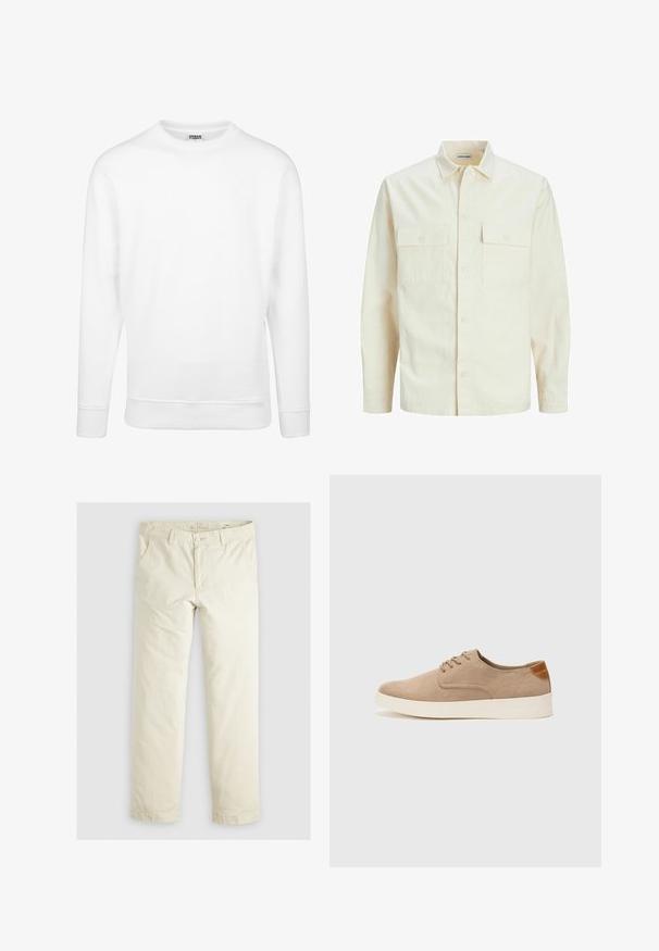 Světle béžová košile s dlouhým rukávem, límečkem, dvěma předními kapsami, zapínáním na knoflíky a strukturovanou tkaninou.; Bílá mikina vyrobená z měkké látky. Má dlouhé rukávy, kulatý výstřih, žebrované manžety a lem. Jednoduchý a minimalistický design.; Svetlé béžové volné kalhoty s třemi kapsami, poutky na opasek a rovnými nohavicemi. Vyrobeno z měkké směsi bavlny.; Béžové semišové tenisky s kulatou špičkou, šněrováním vpředu a texturovaným zadním akcentem. Bílá gumová podrážka poskytuje kontrast. Jednoduchý a moderní design.