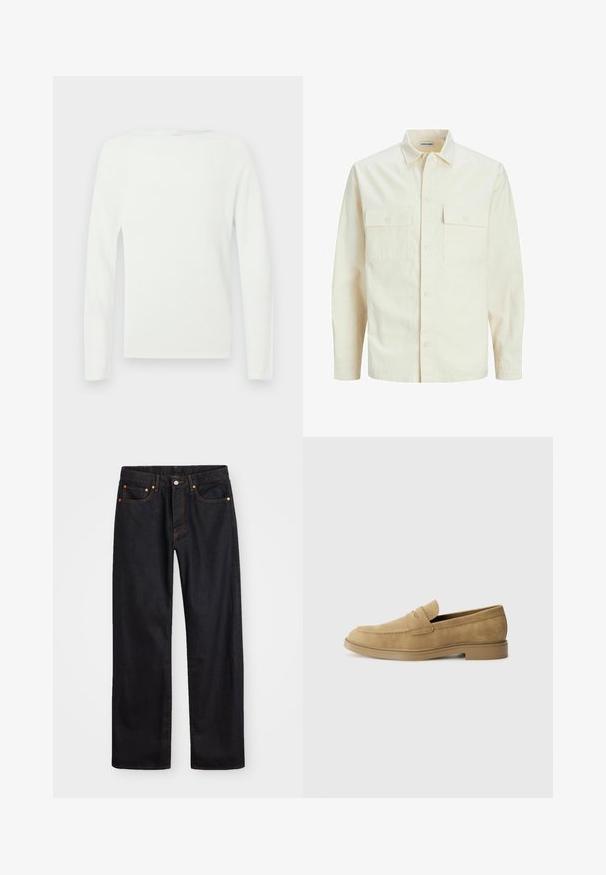 Světle béžová košile s dlouhým rukávem, límečkem, dvěma předními kapsami, zapínáním na knoflíky a strukturovanou tkaninou.; Bílé svetr s dlouhým rukávem a kulatým výstřihem, s hladkým a jemným povrchem a přiléhavým střihem.; Pánské černé džíny rovného střihu s pěti kapsami a oranžovým prošíváním, s knoflíkem a zipem na předním pásku.; Béžové semišové mokasíny s kulatou špičkou, nízkým blokovým podpatkem a prošíváním na svršku. Hladký povrch a minimalistický design.