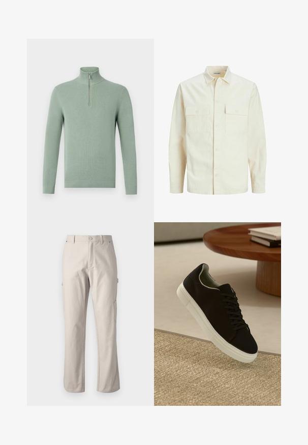 Svijetlo bež košulja dugih rukava s ovratnikom, dva prednja džepa, zatvaranje na dugmad i teksturirani materijal.; Svijetlozelena pletena vesta s visokim ovratnikom i četvrtim patentnim zatvaračem, koja ima rebraste manžetne i donji rub, pružajući teksturirani izgled.; Bež cargo hlače od čvrstog pamuka s ravnim nogavicama, prednjim zatvaranjem na gumb i bočnim džepovima za praktičnost. Glatka tekstura s suptilnim šavovima.; Crna tenisica s bijelim potplatom koja lebdi iznad bež teksturiranog tepiha pored okruglog drvenog stola sa složenim knjigama.