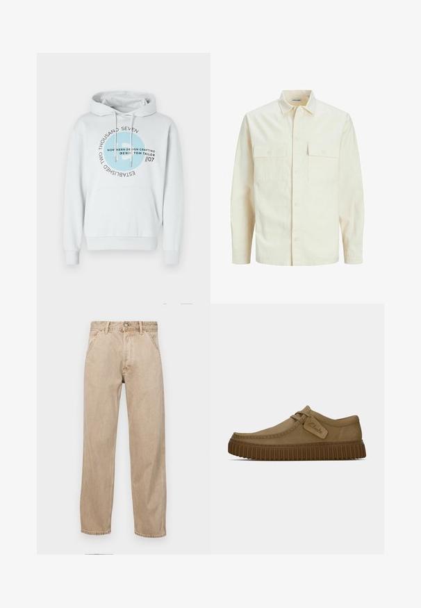 Camicia beige chiaro a maniche lunghe con colletto, due tasche frontali, chiusura a bottoni e un tessuto texturizzato.; Felpa grigia chiara realizzata in misto cotone. Presenta una tasca a marsupio, un cappuccio con cordino regolabile e una stampa grafica circolare in blu e nero.; Jeans in denim beige con un design a gamba dritta, dotati di tasche frontali, chiusura con bottone metallico e una texture delicata.; Scarpe in suede marrone chiaro con punta arrotondata, dettagli cuciti e suola in gomma marrone a righe. Presentano un'etichetta laterale con il logo "Clarks".