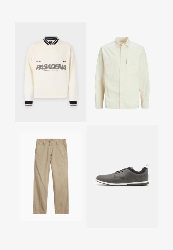 Lichtbeige langemouwen shirt met een kraaghalslijn, twee voorzakken, knoopsluiting en een gestructureerde stof.; Witte sweatshirt met zwarte accenten, voorzien van een geribbelde kraag en manchetten. Op de voorkant staat "PASADENA" in vetgedrukte, gestileerde tekst.; Beige rechte pijpen chinos met riemlussen, voorkant met knoop en rits sluiting, en schuine voorzakken.; Grijze leren schoenen met zwarte accenten, met een ronde neus, vetersluiting, witte zool en een klein trekbandje bij de hak.