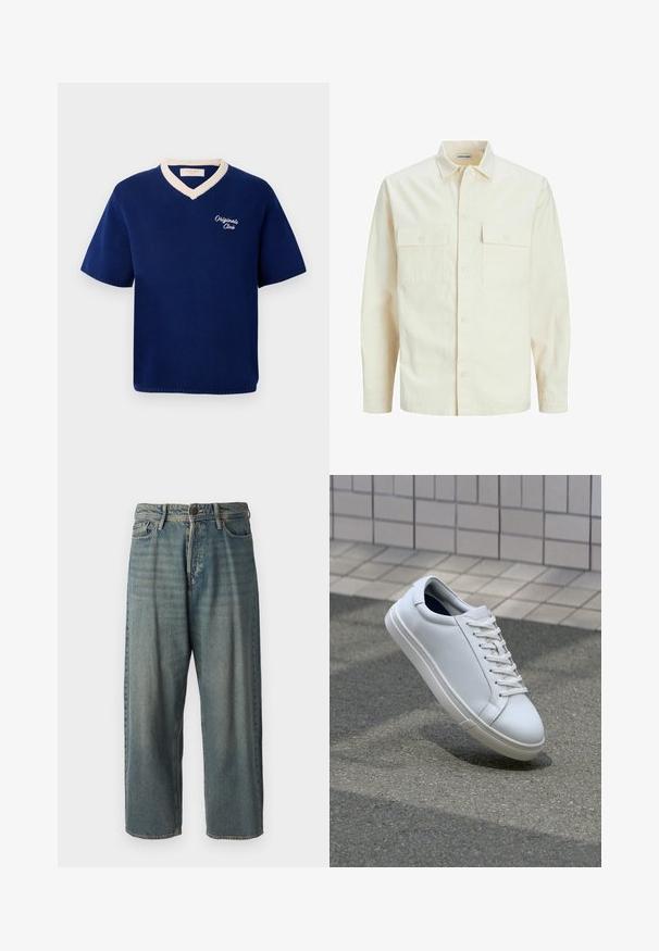 Kergedbež pika-särk pikkade varrukatega, krae ja kahe eespool asuva taskuga, nööpidega kinnitamine ja reljeefne materjal.; Tumedan sinine lühikeste varrukatega kudumissärk kreemika V-kaeluse äärisega ning vasakul rinnal on tikand "Originals Club".; Heledad sinine denim-stiilis teksad, volüümse lõike, keskmise kõrgusega talje ja sirgete säärega. Omab viit taskut, vöökumme ja nööpide sulgemist.; Valge nahast tenniseking sileda tekstuuriga, paeltega disain ja ümar nina. Omab tekstuuriga kummist tallat ja minimalistlikke aktsente.