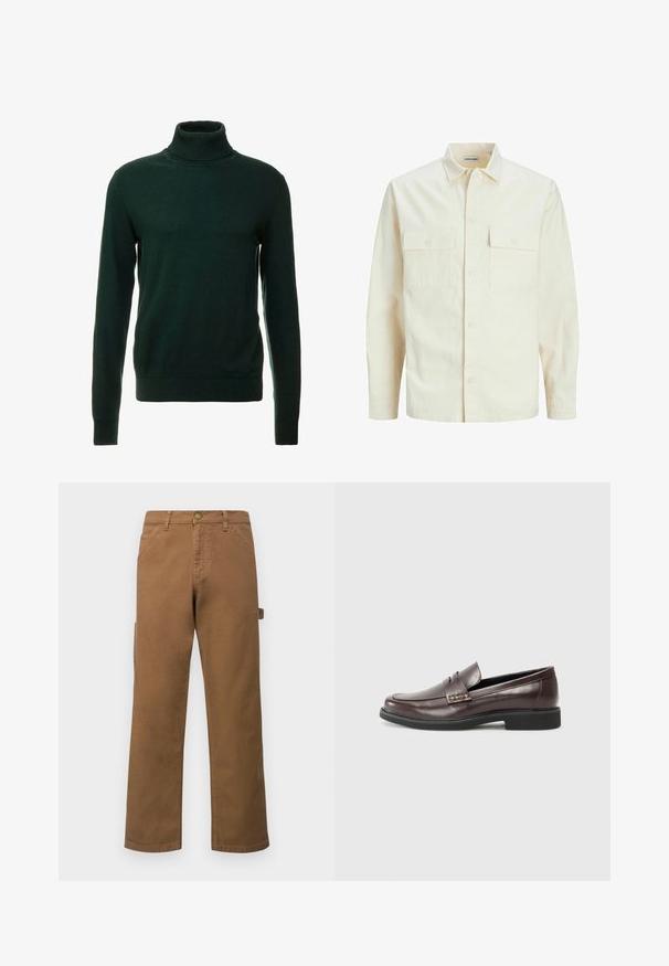 Camicia beige chiaro a maniche lunghe con colletto, due tasche frontali, chiusura a bottoni e un tessuto texturizzato.; Maglione a collo alto di un verde scuro realizzato in un tessuto a maglia liscio. Presenta maniche lunghe e un collo aderente. Design classico, senza motivi.; Pantaloni cargo marroni in cotone con gambe dritte, dotati di tasche laterali e chiusura con bottone metallico in vita. Tessuto liscio e design casual.; Mocassini in pelle marrone con una finitura liscia, caratterizzati da un sottile dettaglio cucito sulla tomaia e una suola in gomma nera.