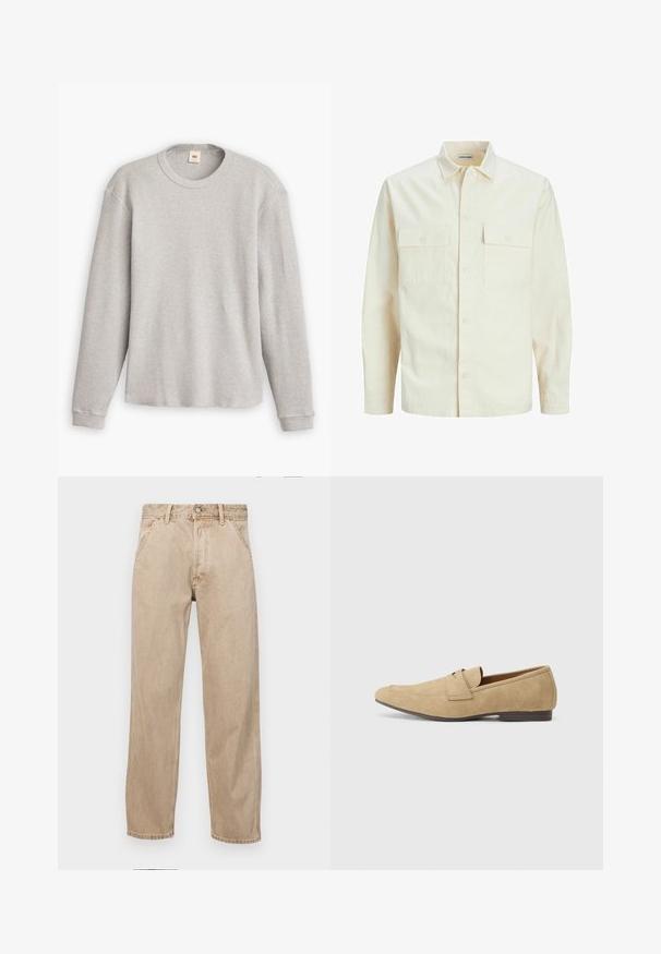 Light beige long-sleeve shirt with a collared neckline, two front pockets, button closure, and a textured fabric.; Grey long-sleeve knit sweater with a ribbed texture, round neckline, and straight hem. Cuffs are fitted, made of soft fabric.; Beige denim jeans with a straight leg design, featuring front pockets, a metal button closure, and subtle texture.; Suede loafers in beige with a slight shine, featuring a rounded toe, slip-on design, and a low brown heel. Subtle stitching detail.