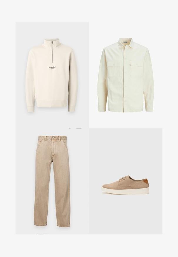 Camicia beige chiaro a maniche lunghe con colletto, due tasche frontali, chiusura a bottoni e un tessuto texturizzato.; Felpa beige con zip a quarto, maniche lunghe e polsini a coste. Presenta un piccolo logo nero "JJ Studios" sul petto. Realizzata in materiale morbido.; Jeans in denim beige con un design a gamba dritta, dotati di tasche frontali, chiusura con bottone metallico e una texture delicata.; Sneaker in suede beige con punta arrotondata, stringhe davanti e un accento testurizzato sul retro. La suola in gomma bianca offre un contrasto. Design semplice e moderno.