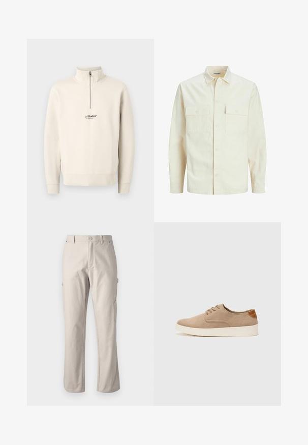 Vaaleanbeige pitkähihaisen paidan, jossa on kaulukset, kaksi etutaskua, nappikiinnitys ja tekstiilissä on tekstuuria.; Beige neljäsosa vetoketjullinen collegepaita, jossa on pitkät hihat ja ribbireunat. Rintapuolella pieni musta "JJ Studios" -logo. Valmistettu pehmeästä materiaalista.; Beige cargo-housut, jotka on valmistettu kestävästä puuvillasta, suorat lahkeet, etupainikekiinnitys ja sivutaskut käytännöllisyyttä varten. Sileä pinta ja huomaamaton ompelu.; Beige nubuck-lenkkarit, joissa on pyöreä kärki, nauhakiinnitys ja teksturoitu takaosa. Valkoinen kumipohja tuo kontrastia. Yksinkertainen ja moderni muotoilu.