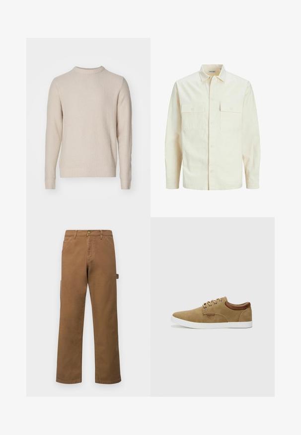Šviesiai smėlio spalvos ilgomis rankovėmis marškiniai su apykakle, dviem priekinėmis kišenėmis, mygtukų uždarymu ir tekstūruota medžiaga.; Šviesiai bežinis megztinis su struktūrizuota danga, apvaliu iškirpimu, banguotais rankogaliais ir apačia, pagamintas iš švelnios, šiltos medžiagos.; Rudos medvilniniai cargo džinsai tiesiomis kojomis, su šoninėmis kišenėmis ir metaliniu mygtuko uždarymu ties liemeniu. Lygi tekstūra ir kasdieniškas dizainas.; Tan odiniai sportbačiai su balta guma, rudi odos akcentai ant kulno ir sidabriniai akių iki raištelių. Paprastas, suapvalintas dizainas.