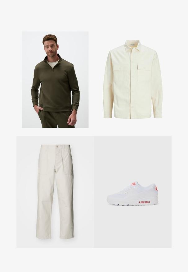 Lichtbeige langemouwen shirt met een kraaghalslijn, twee voorzakken, knoopsluiting en een gestructureerde stof.; Olijfgroene sweatshirt met een halve rits kraag, gemaakt van een gladde stof, met lange mouwen en een relaxte pasvorm. Opvallende stikdetails.; Lichtbeige wijde broek van katoen. Voorzien van steekzakken en een knoopsluiting. Glad textuur met subtiele verticale lijnen.; Witte sportieve sneaker met een gladde bovenkant, vetersluiting, gevoerde zool en een zichtbare luchtunit met rode accenten op de branding.