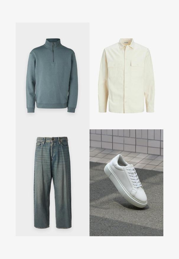 Gai bēšs garām piedurknēm krekls ar apkakles izgriezumu, divām priekšējām kabatām, pogu aizdari un teksturētu audumu.; Jack & Jones JJEBRADLEY HALF ZIP NOOS - Ikdienas džemperis - goblin blue; Gaiši zili džinsi ar brīvu piegriezumu, vidējo jostas augstumu un taisnām kājām. Satur piecas kabatas, jostas cilpas un pogu aizdari.; Baltas ādas sporta apavi ar gludu virsmu, apaļu pirkstu un plakanām baltām šņorēm. Iezīmējas ar strukturētu gumijas zoli un minimālisma dizaina elementiem.