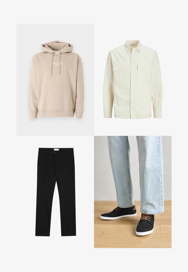 Svetlo béžová košeľa s dlhým rukávom, s golierom, dvoma prednými vreckami, zapínaním na gombíky a textúrovanou látkou.; Béžová mikina s kapucňou z bavlnenej zmesi, s predným klokankovým vreckom a kapucňou so šnúrkou. Tlačené logo na hrudi. Mäkká textúra.; Čierne džínsy rovného strihu s piatimi vreckami, zapínanie na gombík a zips a s etiketou značky Pier One na páse.; Čierne plátenné tenisky s hnedými akcentmi, bielymi gumovými podrážkami a hnedými šnúrkami, skombinované so svetlomodrými rovnými džínsami. Pozadie s drevenou podlahou.