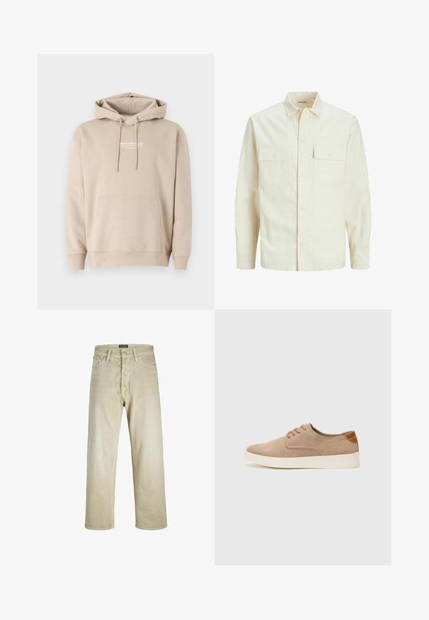 Gai bēšs garām piedurknēm krekls ar apkakles izgriezumu, divām priekšējām kabatām, pogu aizdari un teksturētu audumu.; Bežs kapucēts džemperis kokvilnas maisījumā, ar priekšējo kangaroo kabatu un auklu kapuci. Uz krūškurvja ir drukāts logo. Mīksta tekstūra.; Bēša džinsu bikses ar taisnu piegriezumu, piecu kabatu dizainu un priekšējo pogu aizdari. Nolietota tekstūra ar smalkiem izbalēšanas elementiem.; Beige zamšādas kedas ar noapaļotu purngala daļu, auklēm saplacinātu priekšpusi un teksturētu aizmugures akcentu. Balta gumijas zole nodrošina kontrastu. Vienkāršs un mūsdienīgs dizains.