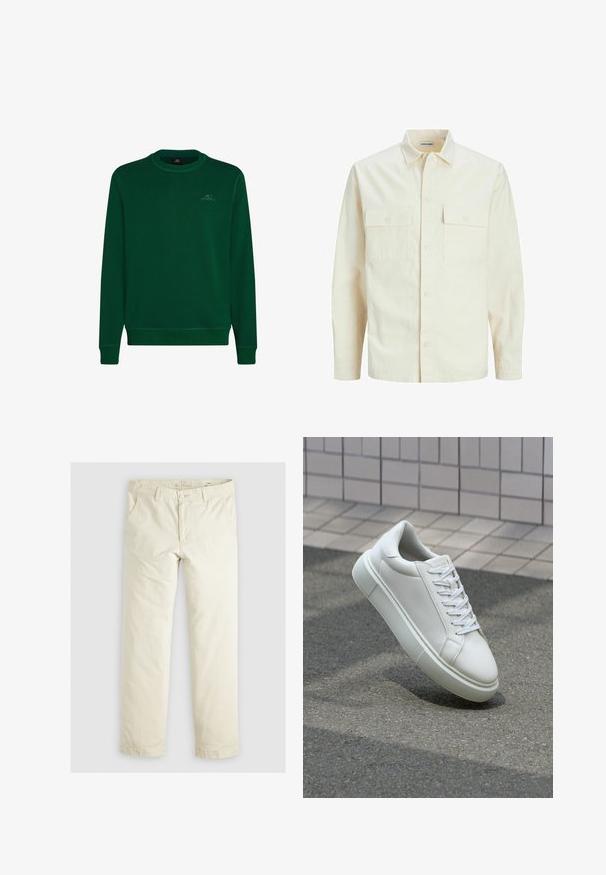 Světle béžová košile s dlouhým rukávem, límečkem, dvěma předními kapsami, zapínáním na knoflíky a strukturovanou tkaninou.; Zelená mikina vyrobená z měkké tkaniny, má kulatý výstřih, dlouhé rukávy, žebrované manžety a malé logo O'Neill na hrudi.; Svetlé béžové volné kalhoty s třemi kapsami, poutky na opasek a rovnými nohavicemi. Vyrobeno z měkké směsi bavlny.; Bílé kožené tenisky s hladkým povrchem, kulatou špičkou a plochými bílými tkaničkami. Disponují texturovanou gumovou podrážkou a minimálními designovými prvky.
