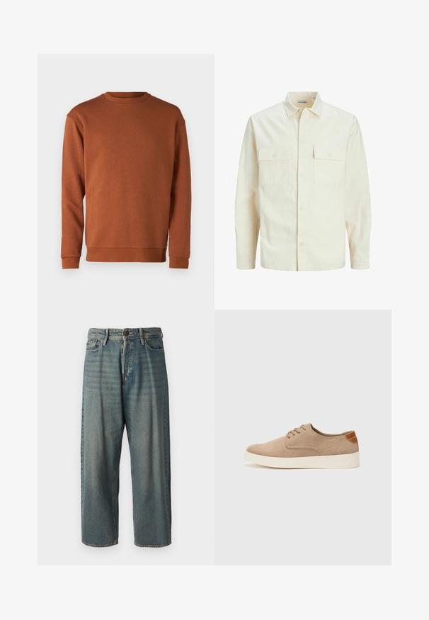 Vaaleanbeige pitkähihaisen paidan, jossa on kaulukset, kaksi etutaskua, nappikiinnitys ja tekstiilissä on tekstuuria.; Jack & Jones JJEBRADLEY CREW - Collegepaita - mocha bisque; Vaaleansiniset farkut, joissa on väljä istuvuus, keskikorkea vyötärö ja suorat lahkeet. Ominaisuuksiin kuuluvat viisi taskua, vyölenkit ja nappisulku.; Beige nubuck-lenkkarit, joissa on pyöreä kärki, nauhakiinnitys ja teksturoitu takaosa. Valkoinen kumipohja tuo kontrastia. Yksinkertainen ja moderni muotoilu.