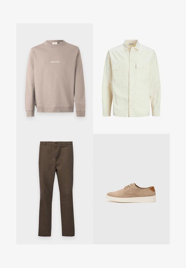 Kergedbež pika-särk pikkade varrukatega, krae ja kahe eespool asuva taskuga, nööpidega kinnitamine ja reljeefne materjal.; Beež dressipluus pikkade varrukatega ja ümmarguse kaelusega. Ees on valge tikandiga "Original Studio". Sile tekstuur, ribadest mansetid.; Pruuni puuvillased püksid sirge säärega, nööpide sulgemise ja vöökonksudega, sileda tekstuuriga ilma mustrite või aktsentideta.; Beežid nahast tossud ümarate varvastega, paeltega esiosa ja tekstuuriga tagakontuuriga. Valge kummist tallapakkumine loob kontrasti. Lihtne ja kaasaegne disain.