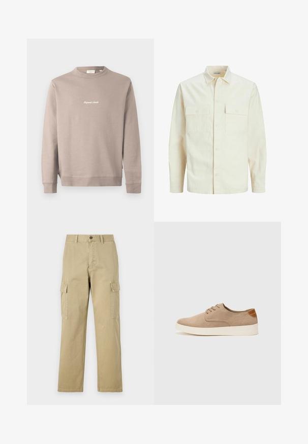 Svetlo bež srajca z dolgimi rokavi, ovratnim izrezom, dvema sprednjima žepoma, zapenjanjem na gumbe in teksturirano tkanino.; Bež sweatshirt z dolgimi rokavi in okroglim izrezom. Na prsih ima izvezen napis "Original Studio" v beli barvi. Gladka tekstura, rebrasti manšeti.; Bež hlače s cargo krojem iz bombaža, z dvema stranskima žeparm, gumbom za zapiranje in ravnimi nogavicami iz rahlo teksturirane tkanine.; Bež tkanine usnjene superge z zaobljenim nosom, vezalkami na sprednji strani in teksturiranim zadnjim detajlom. Belo gumijasto podplato zagotavlja kontrast. Enostaven in sodoben dizajn.