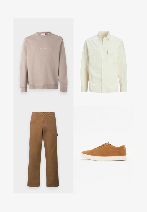 Gai bēšs garām piedurknēm krekls ar apkakles izgriezumu, divām priekšējām kabatām, pogu aizdari un teksturētu audumu.; Bežs džemperis ar garām piedurknēm un apaļu kakla izgriezumu. Uz krūšu daļas ir balts izšuvums ar tekstu "Original Studio". Gluda tekstūra, ribinātās aproces.; Brūni kokvilnas kravas bikses ar taisnām kājām, ar sānu kabatām un metāla pogu aizdari jostasvietā. Gluda tekstūra un ikdienišķs dizains.; Brūni zamšādas ikdienas apavi ar zemu augstumu, baltu gumijas zoli un noapaļotu purngalu. Iezīmē saskaņotas auklas un minimālu zīmolu uz papēža.