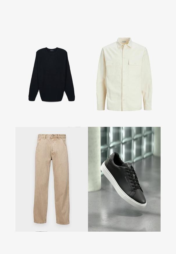 Hellbeige Langarmhemd mit klassischem Kragen, zwei Fronttaschen, Knopfverschluss und strukturiertem Stoff.; Dunkelgrüner Strickpullover mit rundem Ausschnitt und langen Ärmeln. Merkmale sind der strukturierte Stoff sowie die gerippten Bündchen und der Saum.; Beige Denim-Jeans mit geradem Beinschnitt, ausgestattet mit Vordertaschen, einem Metallknopfverschluss und feiner Textur.; Schwarze Ledersneaker mit weißer Gummisohle, runden Zehen und Schnürung. Verfügt über eine glatte Textur und dezente Markenkennzeichnung auf der Zunge.