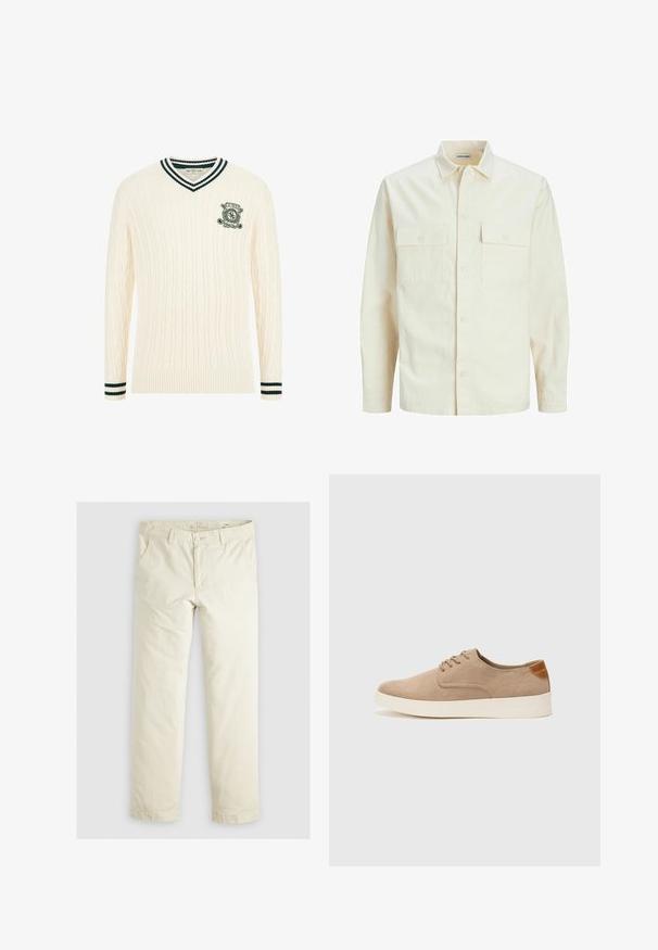 Svetlo bež srajca z dolgimi rokavi, ovratnim izrezom, dvema sprednjima žepoma, zapenjanjem na gumbe in teksturirano tkanino.; Krem pulover z vrvico in V-izrezom, z zelenimi črtastimi manšetami in izvezenim logotipom na prsih. Mehka tekstura in prilegajoča zasnova.; Svetlo bež hlače širokega kroja s tremi žepi, zankami za pas in ravnim krojem. Narejene so iz mešanice mehkega bombaža.; Bež tkanine usnjene superge z zaobljenim nosom, vezalkami na sprednji strani in teksturiranim zadnjim detajlom. Belo gumijasto podplato zagotavlja kontrast. Enostaven in sodoben dizajn.