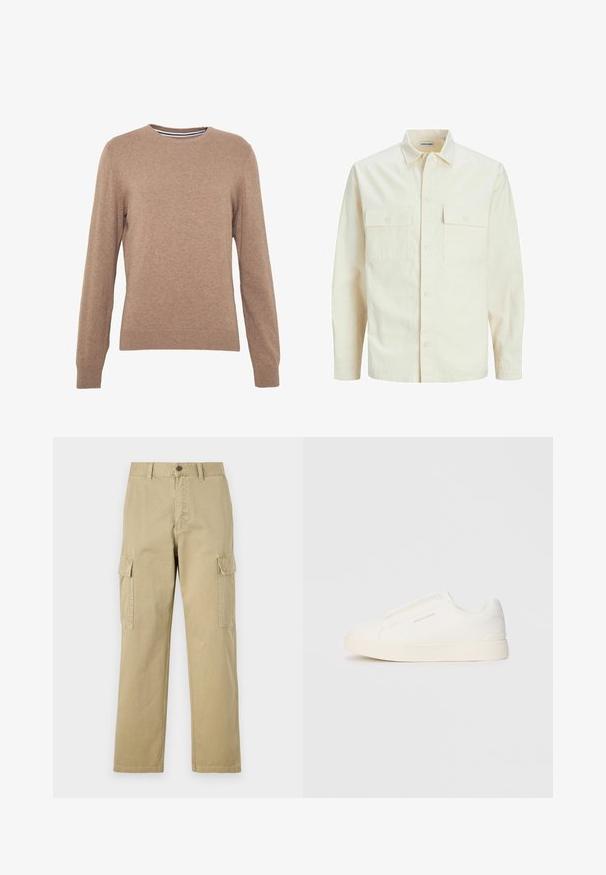 Jasno beżowa koszula z długim rękawem, z kołnierzykiem, dwoma kieszeniami z przodu, zapięciem na guziki i teksturowanym materiałem.; Brązowy sweter z dzianiny, z okrągłym dekoltem i długimi rękawami. Ściągacze przy mankietach i dolnym brzegiem, w jednolitym kolorze, o miękkiej fakturze.; Beżowe spodnie cargo wykonane z bawełny, z dwoma bocznymi kieszeniami, z zapięciem na guzik oraz prostymi nogawkami z lekko teksturowanej tkaniny.; Białe sneakersy wsuwane z teksturowanej powierzchni, grubą podeszwą i minimalistycznym designem. Zawierają logo marki z boku.