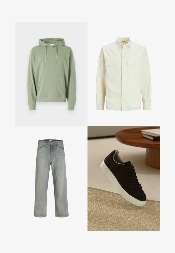 Camicia beige chiaro a maniche lunghe con colletto, due tasche frontali, chiusura a bottoni e un tessuto texturizzato.; Felpa con cappuccio in cotone misto verde chiaro, con maniche lunghe, tasca a marsupio frontale e cordino per una vestibilità regolabile.; Jeans grigi chiaro, con vestibilità comoda, realizzati in denim. Presentano un classico design a cinque tasche, passanti per cintura e una silhouette a gamba dritta.; Sneaker nero con suola bianca che flotta sopra un tappeto beige testurizzato vicino a un tavolo rotondo in legno con libri impilati.