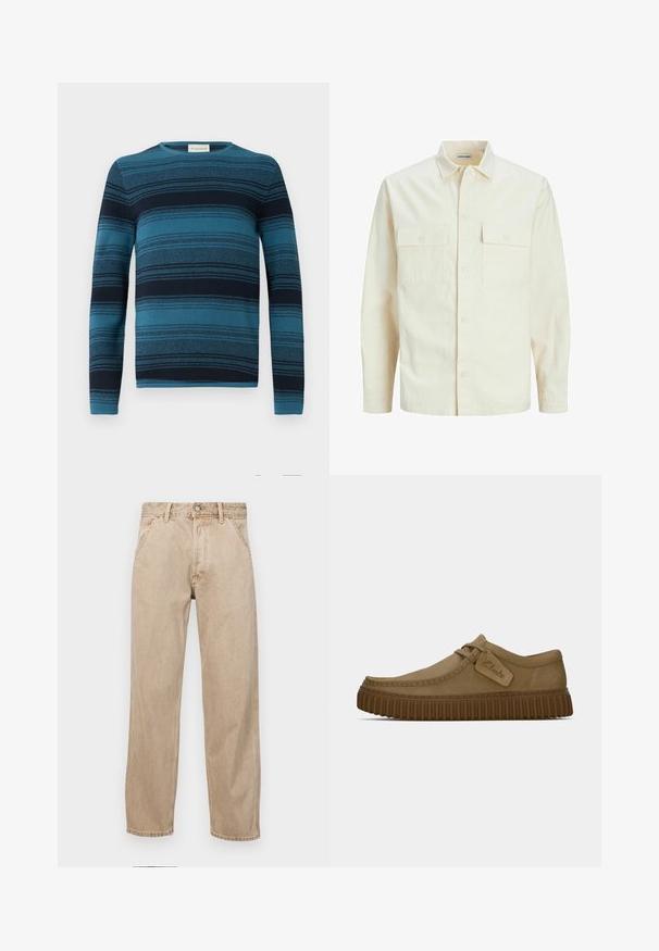 Vaaleanbeige pitkähihaisen paidan, jossa on kaulukset, kaksi etutaskua, nappikiinnitys ja tekstiilissä on tekstuuria.; Sininen ja tummansininen raidallinen pitkähihainen neulepaita, jossa on pyöreä pääntie, teksturoitu kangas ja yksityiskohtaiset neulekuviot kauttaaltaan.; Beige farkkuhousut suoranlahkeisella muotoilulla, joissa on etutaskut, metallinen nappisulku ja hillitty rakenne.; Vaaleanruskeat mokkakengät, joissa on pyöreä kärki, ommeltuja yksityiskohtia ja uritettu ruskea kumipohja. Kengissä on myös sivulappu, jossa on "Clarks"-logo.