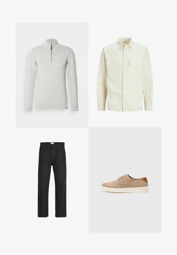 Lichtbeige langemouwen shirt met een kraaghalslijn, twee voorzakken, knoopsluiting en een gestructureerde stof.; Lichtgrijze ritsvest gemaakt van zachte stof, met een opstaande kraag en lange mouwen met geribde manchetten en zoom.; Zwarte broeken gemaakt van duurzame stof, met een recht gesneden ontwerp, gestikte accenten en twee voorzakken voor functionaliteit.; Beige suède sneakers met een ronde neus, vetersluiting aan de voorkant en een getextureerde achteraccent. De witte rubberen zool zorgt voor contrast. Eenvoudig en modern ontwerp.