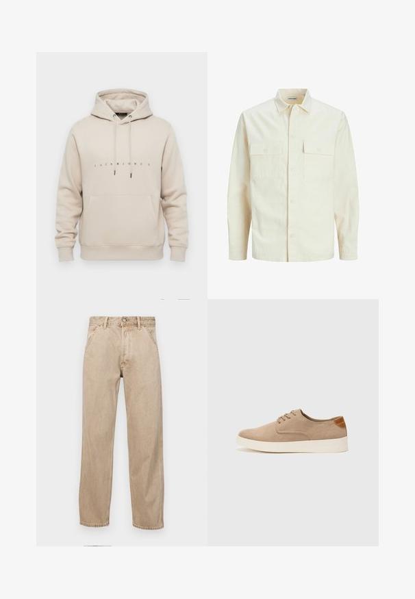 Kergedbež pika-särk pikkade varrukatega, krae ja kahe eespool asuva taskuga, nööpidega kinnitamine ja reljeefne materjal.; Beež kapuutsviidiga, ees olev tasku, nööriga kapuuts ja "JACK & JONES" väikeste mustade tähtedega trükitud rinna piirkonnas.; Bežidemini teksased sirgjoonise kujundusega, front pocket'itega, metallist nööbi kinnitusega ja peene tekstuuriga.; Beežid nahast tossud ümarate varvastega, paeltega esiosa ja tekstuuriga tagakontuuriga. Valge kummist tallapakkumine loob kontrasti. Lihtne ja kaasaegne disain.