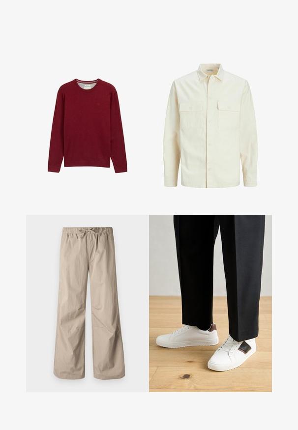 Chemise longue à manches longues beige clair avec un col, deux poches frontales, fermeture à boutons et un tissu texturé.; Pull ras du cou bordeaux en tissu doux. Manches longues et poignets côtelés avec un petit logo sur la poitrine. Texture lisse.; Pantalons beiges à jambes larges avec une taille élastique et un cordon de serrage. Texture lisse, deux poches latérales et coutures minimales pour un ajustement décontracté.; Des sneakers blanches au texture lisse, avec des accents en cuir marron et des détails noirs, assorties à un pantalon noir ajusté. Fond en parquet.