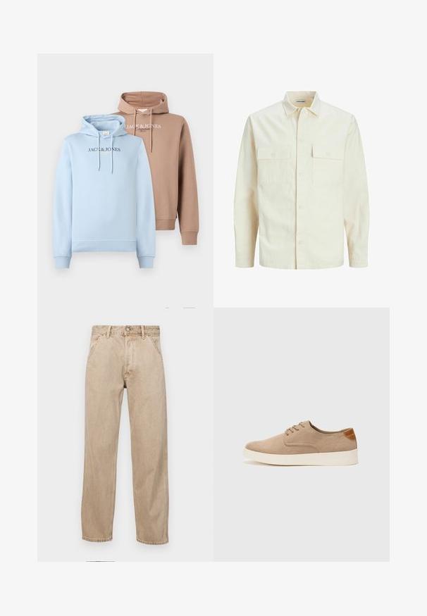 Hellbeige Langarmhemd mit klassischem Kragen, zwei Fronttaschen, Knopfverschluss und strukturiertem Stoff.; Hoodies in Hellblau und Beige, mit einer vorderen Kängurutasche, Kapuze mit Kordelzug und dem Schriftzug "JACK & JONES" quer über die Brust in kontrastierenden Farben.; Beige Denim-Jeans mit geradem Beinschnitt, ausgestattet mit Vordertaschen, einem Metallknopfverschluss und feiner Textur.; Beige Wildleder-Sneaker mit runder Zehenpartie, Schnürung und strukturiertem Rückenteil. Die weiße Gummisohle sorgt für einen Kontrast. Einfaches und modernes Design.