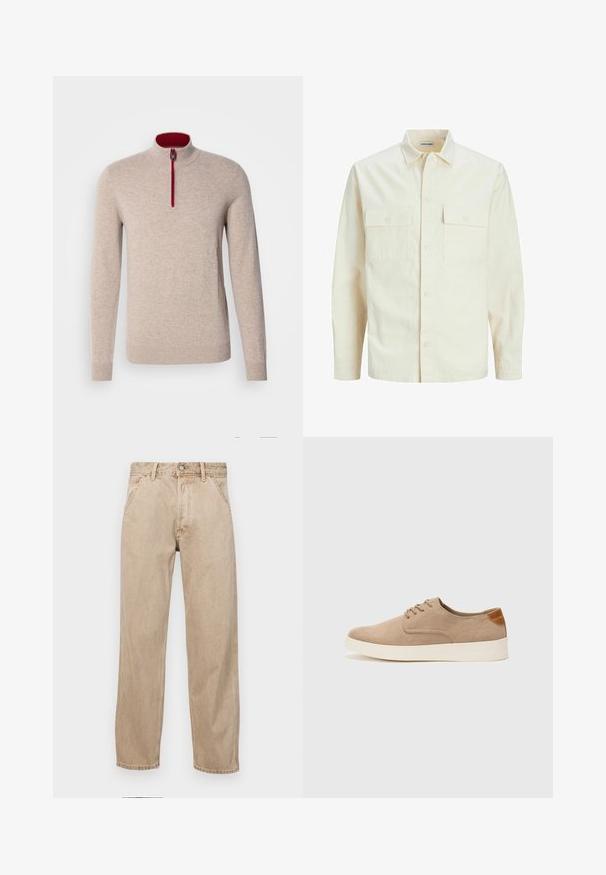 Hellbeige Langarmhemd mit klassischem Kragen, zwei Fronttaschen, Knopfverschluss und strukturiertem Stoff.; Beige Pullover mit hohem Kragen und einem kurzen Reißverschluss. Verfügt über rote Akzente entlang des Reißverschlusses und hat eine glatte, weiche Textur.; Beige Denim-Jeans mit geradem Beinschnitt, ausgestattet mit Vordertaschen, einem Metallknopfverschluss und feiner Textur.; Beige Wildleder-Sneaker mit runder Zehenpartie, Schnürung und strukturiertem Rückenteil. Die weiße Gummisohle sorgt für einen Kontrast. Einfaches und modernes Design.