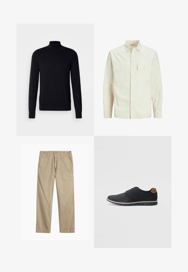 Světle béžová košile s dlouhým rukávem, límečkem, dvěma předními kapsami, zapínáním na knoflíky a strukturovanou tkaninou.; Černý rolák vyrobený z měkké tkaniny. Má dlouhé rukávy, žebrovaný límec a manžety, s hladkou texturou a bez vzorů.; Beige rovné chino kalhoty s poutky na opasek, zapínáním na přední knoflík a zip, a šikmými předními kapsami.; Černé syntetické boty s texturovaným svrškem, hladkými detaily, hnědým podpatkem a kontrastní podrážkou. Obsahují minimální šněrování a švy.