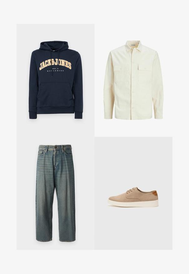 Šviesiai smėlio spalvos ilgomis rankovėmis marškiniai su apykakle, dviem priekinėmis kišenėmis, mygtukų uždarymu ir tekstūruota medžiaga.; Tamsiai mėlynas liemenė su priekine kišene, reguliaujamu gobtuvu ir baltu logotipo tekstu "JACK & JONES" geltonai išlenkta per krūtinę.; Šviesiai mėlyni džinsai su laisvu siluetu, vidutinio aukščio juosmeniu ir tiesiomis kojomis. Su penkiais kišenėmis, diržo kilpo ir mygtukų uždarymu.; Bežiniai zomšiniai sportbačiai su apvaliomis pirštų dalimis, raišteliais priekyje ir tekstūruotu užkulniu. Balta guma suteikia kontrastą. Paprastas ir modernus dizainas.