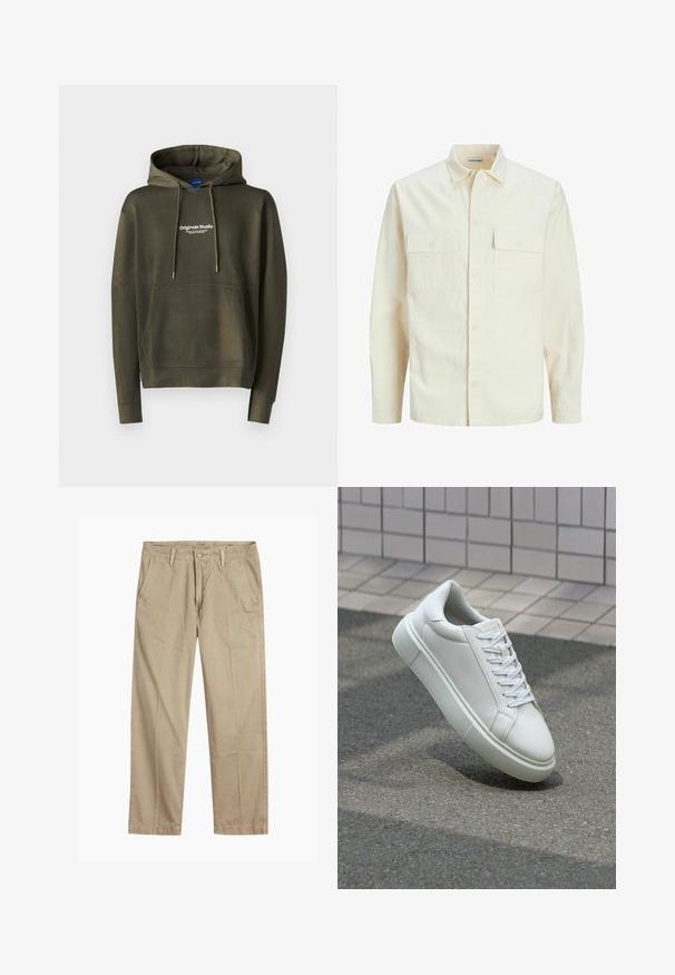 Camicia beige chiaro a maniche lunghe con colletto, due tasche frontali, chiusura a bottoni e un tessuto texturizzato.; Jack & Jones JORVESTERBRO  - Felpa - khaki; Chinos beige a gamba dritta con passanti per cintura, chiusura frontale a bottone e zip, e tasche laterali inclinati.; Sneaker bianco in pelle con superficie liscia, punta rotonda e lacci piatti bianchi. Presenta una suola in gomma texturizzata e un design minimale.