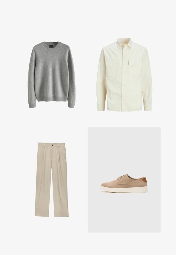 Hellbeige Langarmhemd mit klassischem Kragen, zwei Fronttaschen, Knopfverschluss und strukturiertem Stoff.; Grauer Strickpullover mit Rundhalsausschnitt, gerippten Bündchen und Saum, der eine weiche Textur und eine lockere Passform aufweist. Keine sichtbaren Muster oder Akzente.; Beige Hosen mit geradem Schnitt, ausgestattet mit einem einzelnen schwarzen Knopf, Gürtelschlaufen und Seitentaschen. Glatte Stofftextur und minimalistisches Design.; Beige Wildleder-Sneaker mit runder Zehenpartie, Schnürung und strukturiertem Rückenteil. Die weiße Gummisohle sorgt für einen Kontrast. Einfaches und modernes Design.