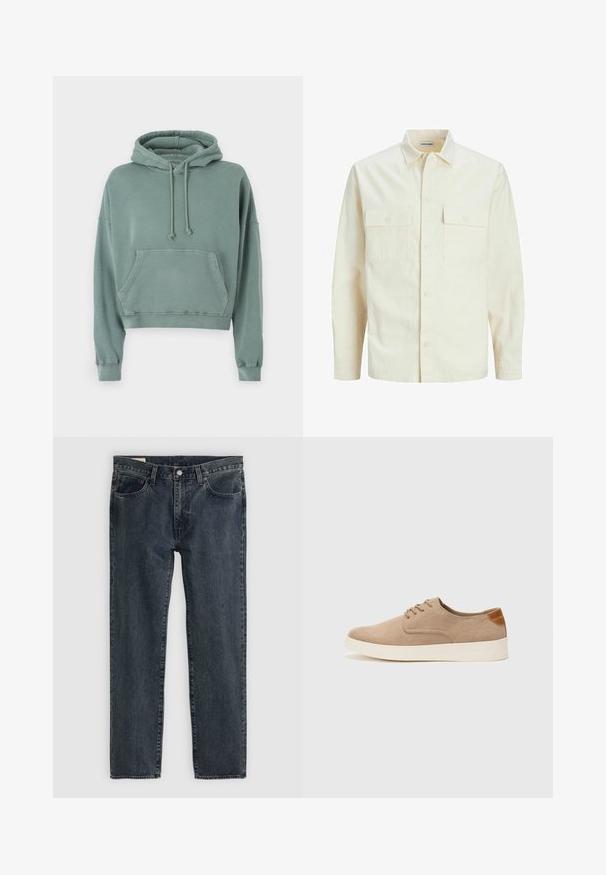 Világos bézs színű, hosszú ujjú ing, galléros nyakkal, két elülső zsebbel, gombos záródással és struktúrált anyaggal.; Pávat zöld, rövidített kapucnis pulóver, puha anyagból készült, elöl zsebbel, állítható kapucnival és bordás mandzsettákkal, laza szabású.; Sötétkék farmernadrág, egyenes lábú fazonnal, öt zsebbel és gombos zipzárral. Az anyag enyhe kopást és textúrát mutat.; Beige velúr sportcipő, kerek orral, fűzős elülső résszel és textúrált hátsó részlettel. Fehér gumitalp kontrasztot ad. Egyszerű és modern design.