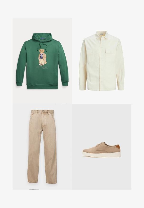 Camicia beige chiaro a maniche lunghe con colletto, due tasche frontali, chiusura a bottoni e un tessuto texturizzato.; Felpa verde con cappuccio, caratterizzata da una grafica centrale di un orso vestito. Materiale in misto cotone, con dettagli a coste sui polsini e sull'orlo.; Jeans in denim beige con un design a gamba dritta, dotati di tasche frontali, chiusura con bottone metallico e una texture delicata.; Sneaker in suede beige con punta arrotondata, stringhe davanti e un accento testurizzato sul retro. La suola in gomma bianca offre un contrasto. Design semplice e moderno.