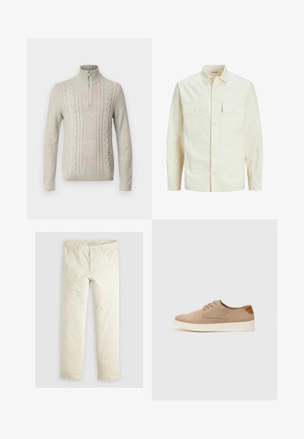 Camicia beige chiaro a maniche lunghe con colletto, due tasche frontali, chiusura a bottoni e un tessuto texturizzato.; Maglione grigio chiaro a maglia con colletto alto e mezza zip. Presenta motivi testurizzati con dettagli a trecce e polsini a coste.; Pantaloni ampi di colore beige chiaro con tre tasche, passanti per la cintura e design a gamba dritta. Realizzati in un morbido tessuto misto cotone.; Sneaker in suede beige con punta arrotondata, stringhe davanti e un accento testurizzato sul retro. La suola in gomma bianca offre un contrasto. Design semplice e moderno.