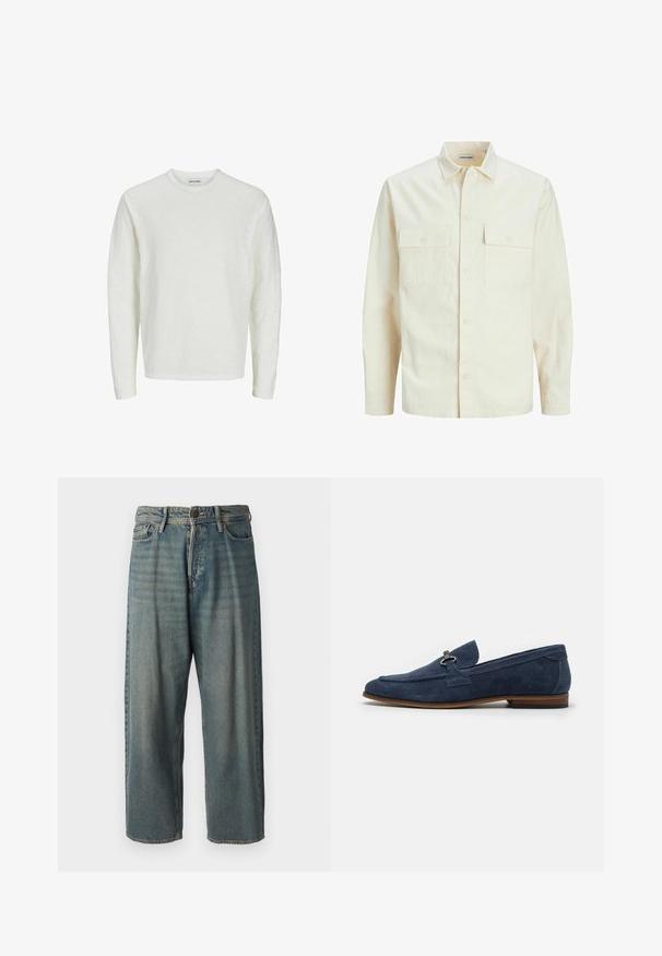Svijetlo bež košulja dugih rukava s ovratnikom, dva prednja džepa, zatvaranje na dugmad i teksturirani materijal.; Duggi rukava u boji slonovače, od teksturiranog materijala. Dizajn s okruglim izrezom bez šavova na ramenima i ravnim rubom. Nema vidljivih uzoraka ili akcenata.; Svijetloplave traperice s širokim krojem, srednjim pojasom i ravnim nogavicama. Ima pet džepova, petlje za remen i kopčanje na gumb.; Mornarsko plava ante loafer cipela s okruglim vrhom, malim dekorativnim detaljem i kontrastnom smešnom potplatom. Glatka tekstura s suptilnim detaljima šivanja.