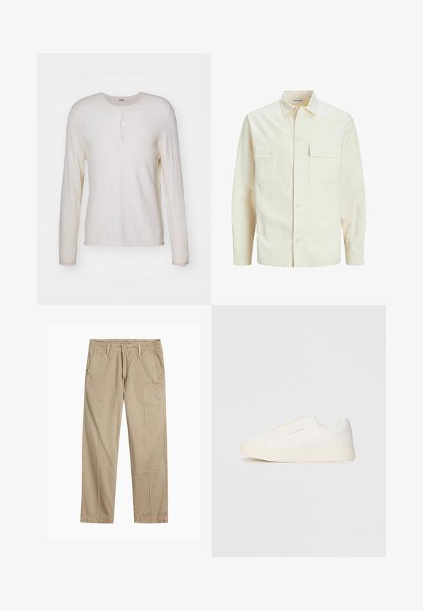 Light beige long-sleeve shirt with a collared neckline, two front pockets, button closure, and a textured fabric.; Long-sleeve, cream-colored henley shirt made of soft fabric, featuring a round neckline, three buttons at the front, and a straight hem.; Beige straight-leg chinos with belt loops, front button and zipper closure, and slant front pockets.; White slip-on sneakers with a textured surface, a thick sole, and minimalistic design. Features brand logo on the side.