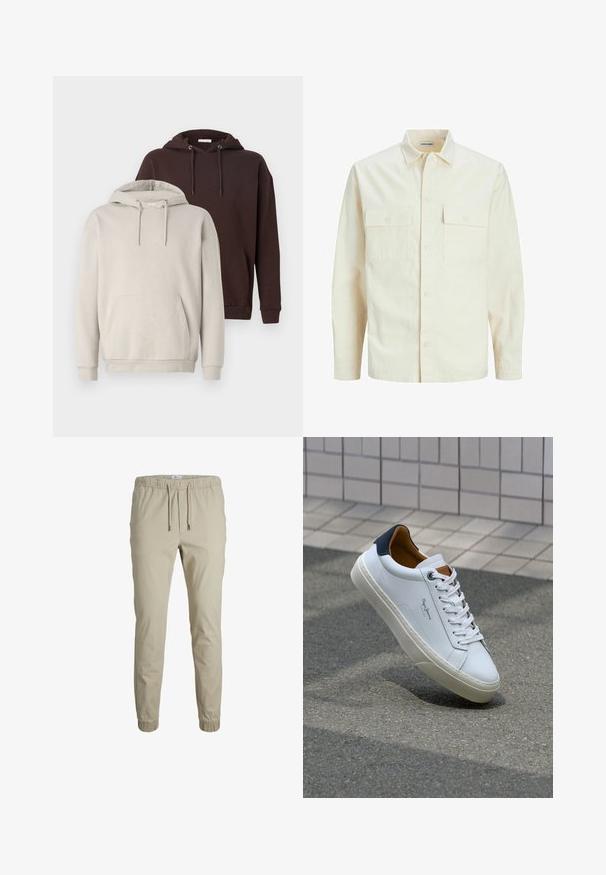 Svetlo béžová košeľa s dlhým rukávom, s golierom, dvoma prednými vreckami, zapínaním na gombíky a textúrovanou látkou.; Dvoje kapucňových mikín: jedna béžová a jedna tmavo hnedá. Obe majú klokaní vrecko, nastaviteľné šnúrky a rebrované manžety.; Bežové zúžené tepláky s elastickým pásom, šnúrkou na stiahnutie a manžetami na členkoch, vyrobené z jemného materiálu. Majú hladkú textúru a minimalistický dizajn.; Biele kožené tenisky s námorníckym opätkom, okrúhlou špičkou a kontrastnými hnedými akcentami. Majú ploché šnúrky a textúrovanú gumovú podrážku.