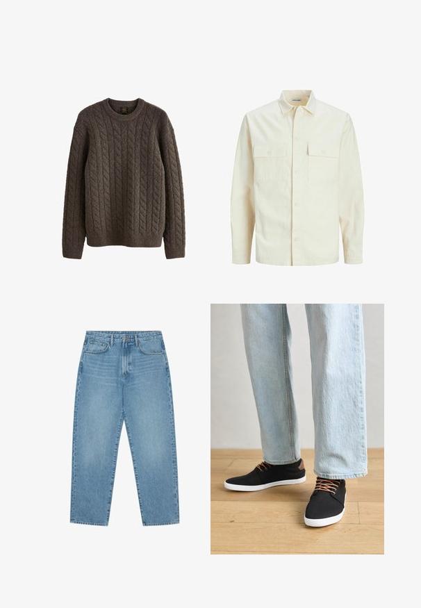 Camicia beige chiaro a maniche lunghe con colletto, due tasche frontali, chiusura a bottoni e un tessuto texturizzato.; Maglione marrone a maglia grossa realizzato in lana testurizzata, con collo rotondo e maniche lunghe con polsini e orlo a coste.; Jeans a gamba larga in denim azzurro chiaro con vita alta, dotati di cinque tasche, passanti per cintura e una consistenza morbida e leggermente sbiadita.; Sneaker nere in tela con dettagli marroni, suole in gomma bianca e lacci marroni, abbinate a jeans dritti azzurri. Sfondo in legno.