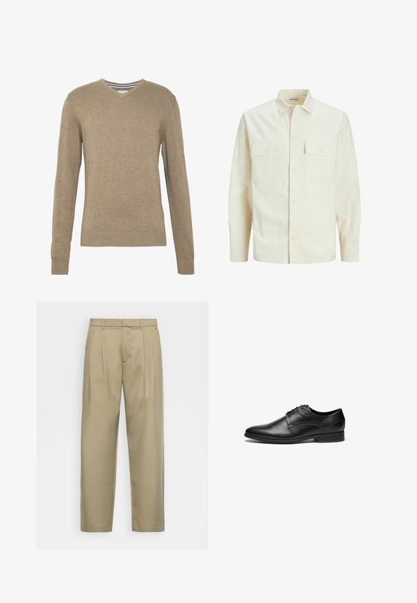 Svijetlo bež košulja dugih rukava s ovratnikom, dva prednja džepa, zatvaranje na dugmad i teksturirani materijal.; Pulover s V izrezom izrađen od mekog, svijetlosmeđeg pletenog materijala, s dugim rukavima i rebrastim manžetama i obrubom. Suptilna tekstura kroz cijeli materijal.; Bež hlače visokog struka s ravnim krojem, s ravnim prednjim dijelom, bočnim džepovima i glatkom, teksturiranom tkaninom.; Crne kožne cipele s glatkom teksturom, zaobljenim vrhom i dizajnom sa četiri rupice za vezanje. Imaju niski složeni potpeticu i šivane detalje.