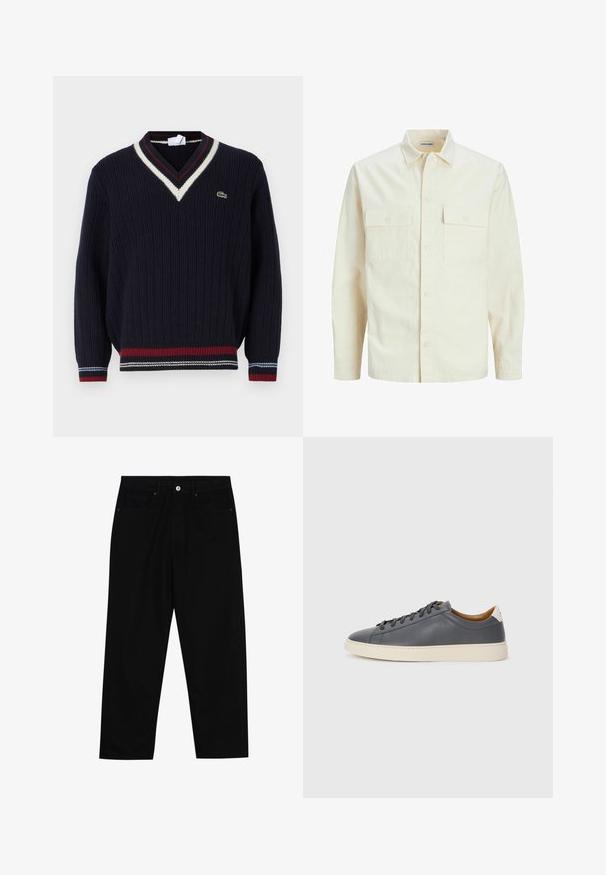 Camisa de manga larga color beige claro con cuello, dos bolsillos frontales, cierre de botones y una tela texturizada.; Lacoste Jersey de punto - navy blue; Pantalones de mezclilla negra con corte recto, diseño de cinco bolsillos y cierre frontal con botón. Textura suave con detalles de costura mínimos.; Zapatilla de cuero gris con puntera redonda, suela de goma, cordones planos y acentos de color claro en el talón. Textura suave y diseño minimalista.