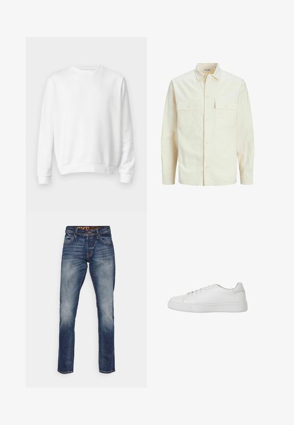 Camicia beige chiaro a maniche lunghe con colletto, due tasche frontali, chiusura a bottoni e un tessuto texturizzato.; Felpa bianca a collo rotondo realizzata in morbido cotone. Maniche lunghe, polsini e orlo a coste, texture liscia e design minimalista.; Jeans in denim blu con una vestibilità dritta, leggero sbiadimento, cuciture arancioni e una cintura con marchio. Design a cinque tasche.; Sneaker bianco in pelle liscia con punta arrotondata, dettagli cuciti e suola piatta in gomma. Design minimalista con chiusura con lacci.