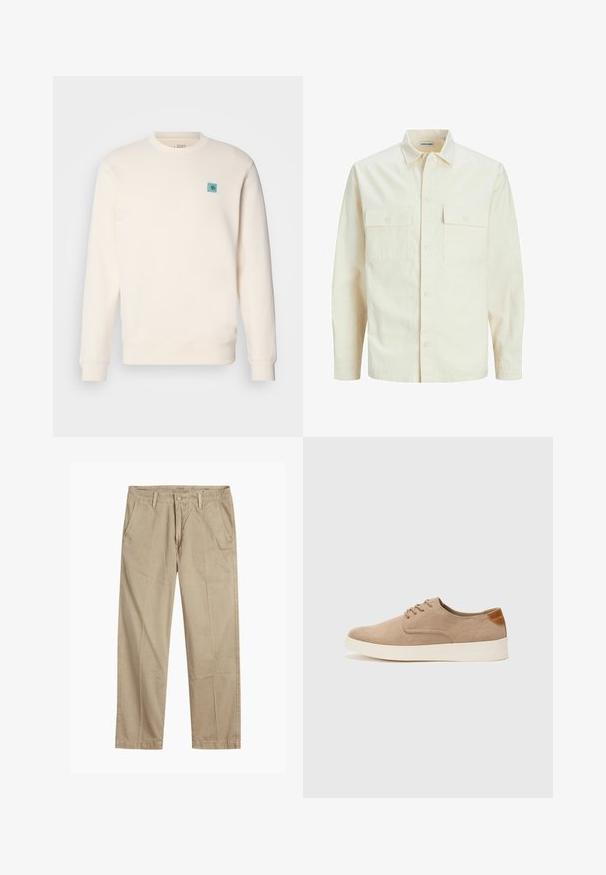 Hellbeige Langarmhemd mit klassischem Kragen, zwei Fronttaschen, Knopfverschluss und strukturiertem Stoff.; Cremfarbener Pullover aus weichem Stoff, mit rundem Ausschnitt, gerippten Bündchen, geradem Saum und einem kleinen blauen Emblem auf der Brust.; Beige gerade geschnittene Chinos mit Gürtelschlaufen, vorderem Knopf- und Reißverschlussverschluss sowie schrägen Fronttaschen.; Beige Wildleder-Sneaker mit runder Zehenpartie, Schnürung und strukturiertem Rückenteil. Die weiße Gummisohle sorgt für einen Kontrast. Einfaches und modernes Design.