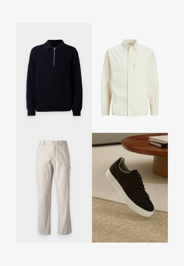 Šviesiai smėlio spalvos ilgomis rankovėmis marškiniai su apykakle, dviem priekinėmis kišenėmis, mygtukų uždarymu ir tekstūruota medžiaga.; Tamsiai mėlynas, gaužtas megztinis su užtrauktuku iš priekio, klasikine apykakle ir ilgomis rankovėmis. Minkšta tekstūra ir laisvas siluetas.; Bežinės cargo kelnės, pagamintos iš tvirto medvilnės audinio, tiesiomis kojomis, su priekiniais mygtukais ir šoninėmis kišenėmis funkcionalumui. Lygi tekstūra su subtiliu siuvinėjimu.; Juodas sportinis batelis su baltu padu, lekiančius virš smėlio spalvos tekstūruoto kilimo šalia apvalaus medinio stalo su sukrautomis knygomis.