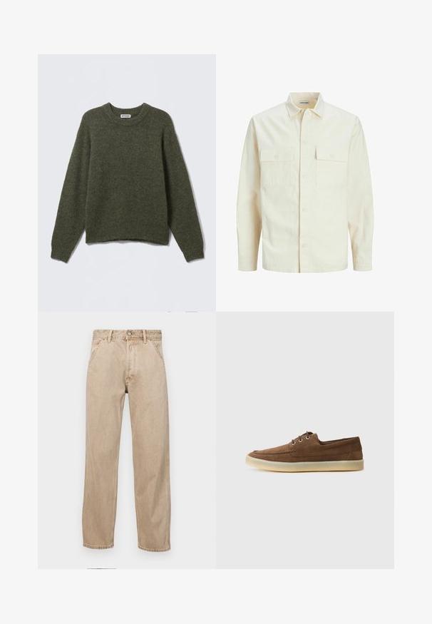 Kergedbež pika-särk pikkade varrukatega, krae ja kahe eespool asuva taskuga, nööpidega kinnitamine ja reljeefne materjal.; Oliväärdiga kootud sviiter, millel on ümmargune kaelus, pikad varrukad ja soonikkoes mansetid. Pehme tekstuur ja lõdva istuvusega, vöökoht on veidi lühem.; Bežidemini teksased sirgjoonise kujundusega, front pocket'itega, metallist nööbi kinnitusega ja peene tekstuuriga.; Pruunid nahast kingad, madala profiiliga, nööbitava disainiga, kummist tallaga ja kontrastsete õmblustega. Lihtne ja funktsionaalne stiil.